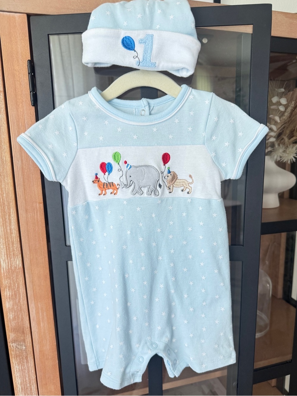 Party Animals 1st birthday shortall romper set embroidered zoo balloons applique